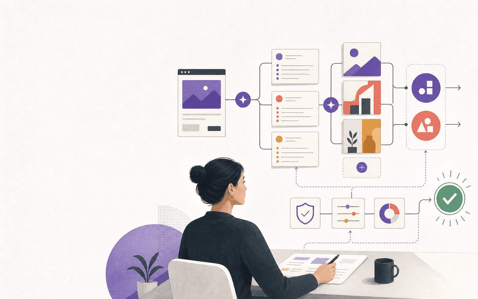 Illustration of a business URL becoming advertising strategy, creative, controlled campaigns, and verified outcomes